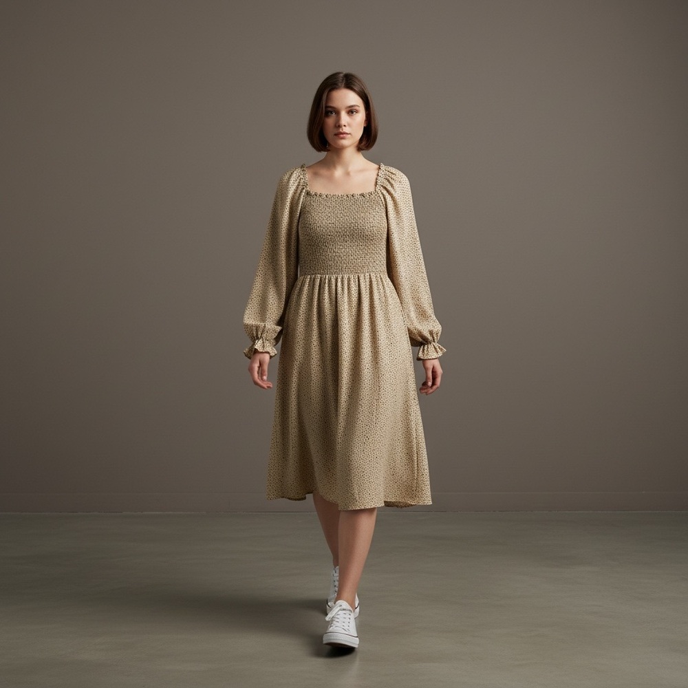 Elegant olive green with black dots knee length dress